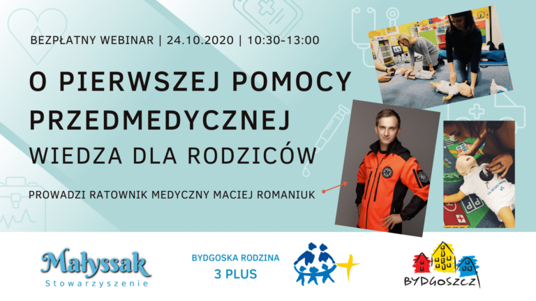 Baner webinaru O pierwszej pomocy przedmedycznej wiedza dla rodziców